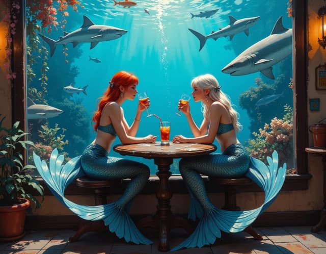 A masterpiece,  in the style of the 1980s, with bold lines, dynamic strokes and rich textures, on background with a touch of nostalgia, perhaps with subtle drawings inspired by cellulose and vintage, worn textures similar to paper,oil painting, Two mermaids with gorgeous fish tails sitting at an underwater cafe table, hyper realistic photo, cgsociety contest winner, two friends in a pub, outside sharks, different fish, beautiful art 8K, with a drink, great photo for pinterest, super detailed, high quality Fantasy cinematic frame