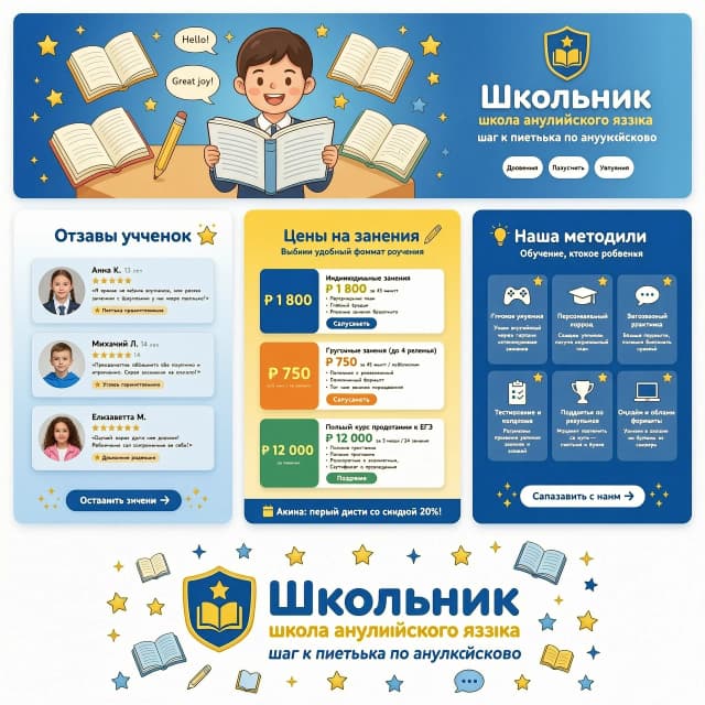 Создай брендинг для школы английского языка для школьников Школьник: шаг к пятерке по английскому. Нужны картинки и фотографии для оформления сообщества школы вКонтакте. Нужны картинки для постов про отзывы учеников, стоимость занятий и методику.