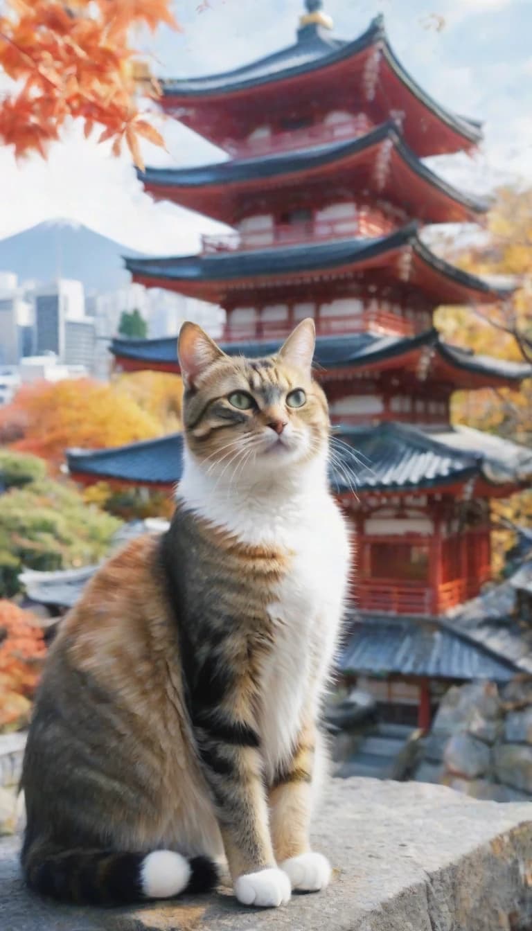 A masterpiece. The painting is done in watercolors. (Double exposure:1.8). (Portrait of a fabulously beautiful cat:1.8). In the background, there are views of Japan at that time: a pagoda, a garden of stones. The whole painting is united by an old autumn city landscape. High quality. High resolution. Increased attention to small details, clear contours. Intense close-up. Bold strokes, drips, spots. Watercolor style. Artist: Levitan, Sergey Andriaka.