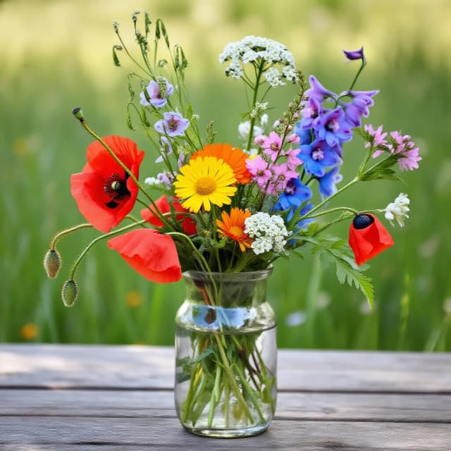 A fresh wildflower bouquet in a clear glass vase standing on a rustic wooden table. The arrangement features vibrant colors: red poppies, yellow and orange daisies, blue and purple delphiniums, tiny white clusters, and delicate pink blooms. Green stems and foliage. The background is a blurred meadow with green grass (bokeh effect). Daylight, soft sunshine, sharp details, realistic macro photography, floral aesthetic, vibrant colors, 8k, photorealistic.