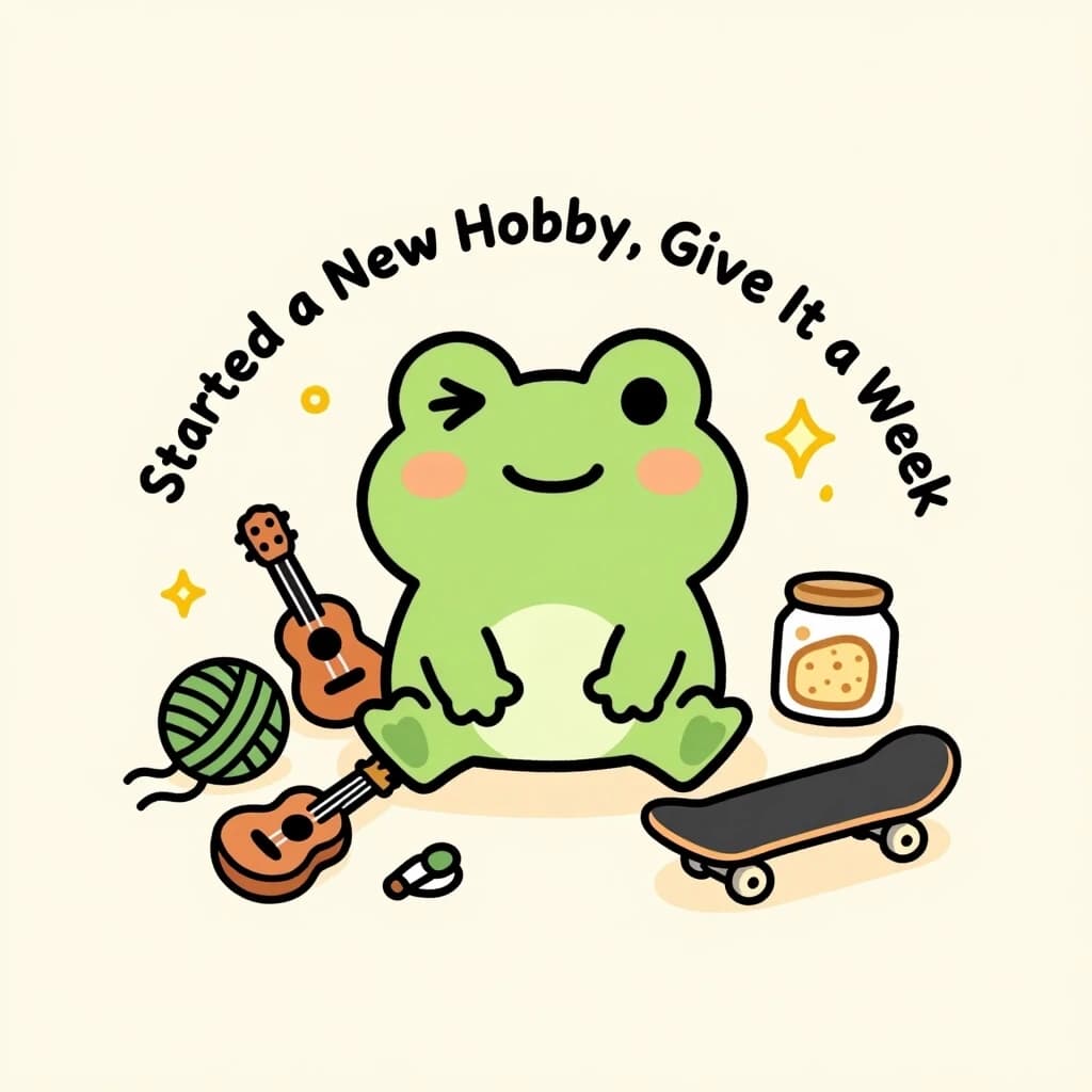 A cute cartoon frog sitting happily among scattered hobby supplies including yarn, a ukulele, paint brushes, a sourdough jar, and a skateboard, frog has a delighted expression, eyes sparkling, simple hand-drawn illustration style, wobbly organic linework, muted green and warm cream colour palette, cute kawaii-inspired illustration, minimal background detail, clean composition, centred, wall art print, contemporary illustration, words "Started a New Hobby, Give It a Week" written arced above