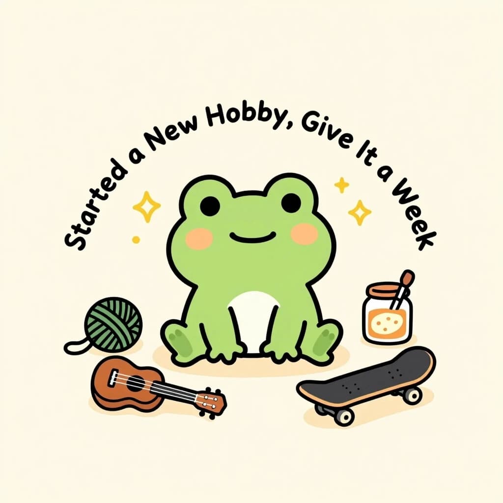 A cute cartoon frog sitting happily among scattered hobby supplies including yarn, a ukulele, paint brushes, a sourdough jar, and a skateboard, frog has a delighted expression, eyes sparkling, simple hand-drawn illustration style, wobbly organic linework, muted green and warm cream colour palette, cute kawaii-inspired illustration, minimal background detail, clean composition, centred, wall art print, contemporary illustration, words "Started a New Hobby, Give It a Week" written arced above