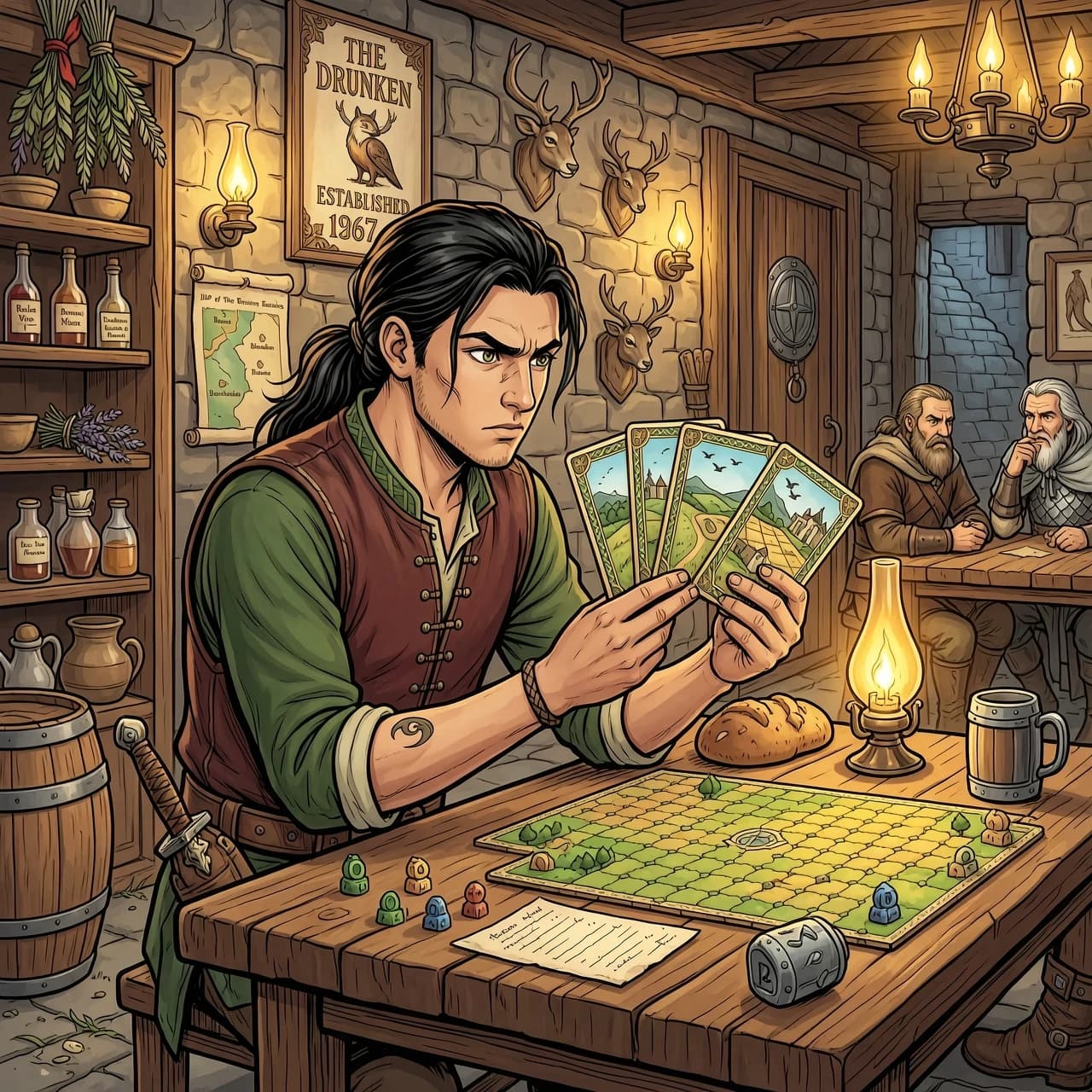 A medieval fantasy comic book illustration. A young man with long dark hair tied back in a ponytail is sitting at a wooden tavern table, looking intensely at board game cards in his hand. Cozy tavern background with wooden mugs and maps on the wall, Carcassonne board game art style, vibrant colors, highly detailed.