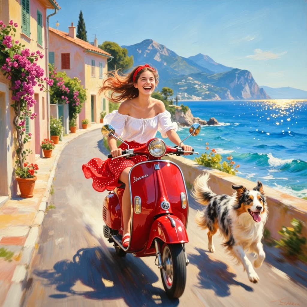 A sunlit Mediterranean coastal scene: a joyful young woman riding a glossy red vintage Vespa along a narrow seaside lane, three-quarter frontal view, slightly low angle to emphasize motion. She wears an off-shoulder white blouse and a flowing red polka-dot skirt with a matching red headband; hair and skirt caught in the breeze. A happy long-haired collie runs beside her, tongue out, fur ruffling. Warm golden sunlight casts soft shadows, bright highlights on chrome and paint, sparkling azure sea to the right with gentle waves and distant cliffs and mountains under a clear blue sky. Left side lined with pastel stucco houses, terracotta roofs, shuttered windows, climbing bougainvillea and terracotta potted plants. Painterly oil texture, visible brushstrokes and canvas grain, vibrant saturated Mediterranean palette: cerulean blues, warm ochres, terracotta, lush greens and pinks. Dynamic composition with leading lines of road and shoreline, shallow depth of field toward distant mountains, carefree nostalgic summer mood. HDR color, natural skin tones, realistic proportions, cinematic lighting.