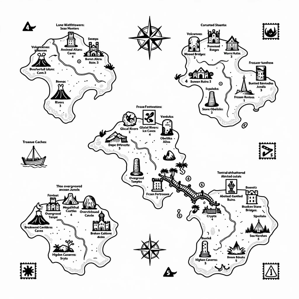 2D top-down vintage dark fantasy nautical map for laser engraving, clear thin black outlines on a pure white background, no fills, no gradients, no shading, clean line art. The map visually displays an archipelago of 5 large distinct climate islands and 10 small random islets. All map markers and icons are drawn as hollow stamp shapes with specific quantities for each zone. The volcanic wasteland island contains Volcanoes:1, Ruined Castles:2, Ancient Altars:3, Caves:4, Rivers:3. The corrupted swamp island contains Burnt Forests:5, Swamps:4, Wooden Bridges:3, Worn Huts:2, Sunken Ruins:3. The frozen tundra island contains Glacial Rivers:2, Ice Caves:3, Stone Obelisks:4, Frozen Fortresses:1. The overgrown ancient jungle island contains Dense Forests:6, Overgrown Temples:2, Rope Bridges:4, Ritual Altars:3, Hidden Caverns:5. The central shattered citadel island contains Megalithic Castle Ruins:1, Abandoned Cathedrals:2, Broken Stone Bridges:5, Crypts:4. The small scattered islets feature Lone Watchtowers:3, Shipwrecks:4, Treasure Caches:5. The surrounding sea area is decorated with Sea Monsters:4, Vintage Compass Rose:1, Fantasy Runes:8, Warning Stamp Icons:5. Every object, building, and terrain feature is depicted only as a clean hollow contour line, strictly zero text words, ready for laser etching.