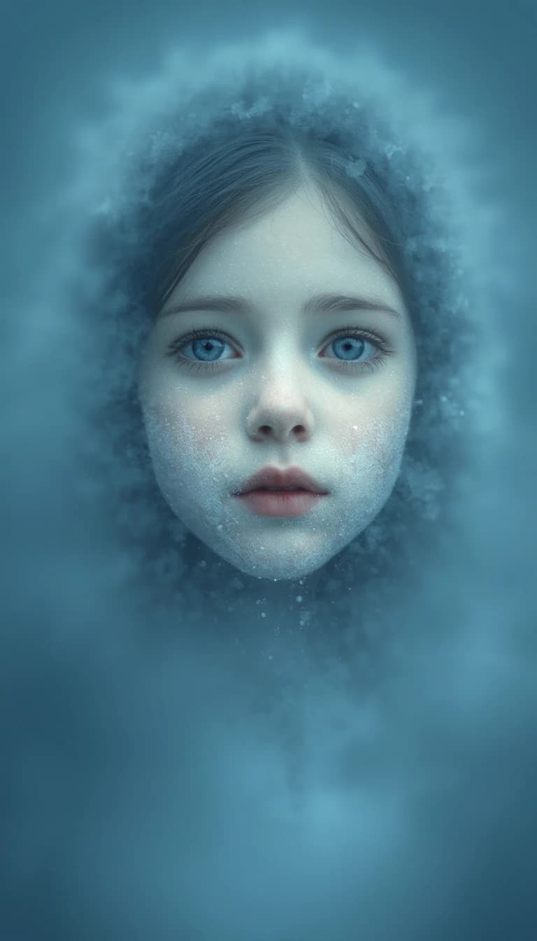 девушка застывшая в абсолютной тишине. A fantasy disproportionately sized and asymmetrically positioned little high detail. soft background