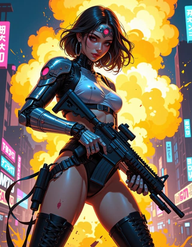 A masterpiece,  in the style of the 1980s, with bold lines, dynamic strokes and rich textures, on background with a touch of nostalgia, perhaps with subtle drawings inspired by cellulose and vintage, worn textures similar to paper, oil painting,  Hyper-detailed cinematic cyberpunk portrait of a fierce female warrior in futuristic silver armor fused with delicate white lace and worn leather, clutching a heavy tactical rifle with glowing red accents and illuminated scope, three-quarter view mid-thigh composition, dynamic stance and flowing wind-swept brown hair, subtle freckles and realistic skin pores, jeweled forehead circlet and large hoop earrings, articulated cybernetic arm with colorful energy nodes and polished metallic reflections, laced thigh-high boots with buckles and a fresh scar on her upper thigh, dramatic explosion burst of yellow-orange behind her contrasted with neon cyan and magenta city lights and graffiti-like paint splatters, volumetric smoke, sparks and debris, cinematic rim and key lighting, warm backlight from explosion, cool neon rim light, shallow depth of field, high contrast, crisp specular highlights, painterly yet photoreal texture detail, intense color saturation, epic concept art mood, high-resolution, award-winning quality. celshading, simple background