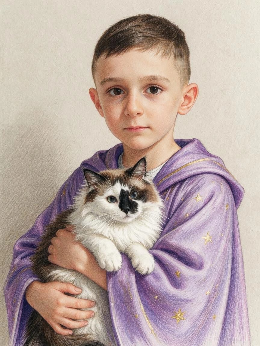 Нарисуй красочную детскую фотореалистичную илюстрацию:Портрет , Артемий , одетый в сиреневую магическую мантию , украшенную золотыми звездами , держит на руках кота Барсика . Рисунок цветными карандашами разной мягкости .