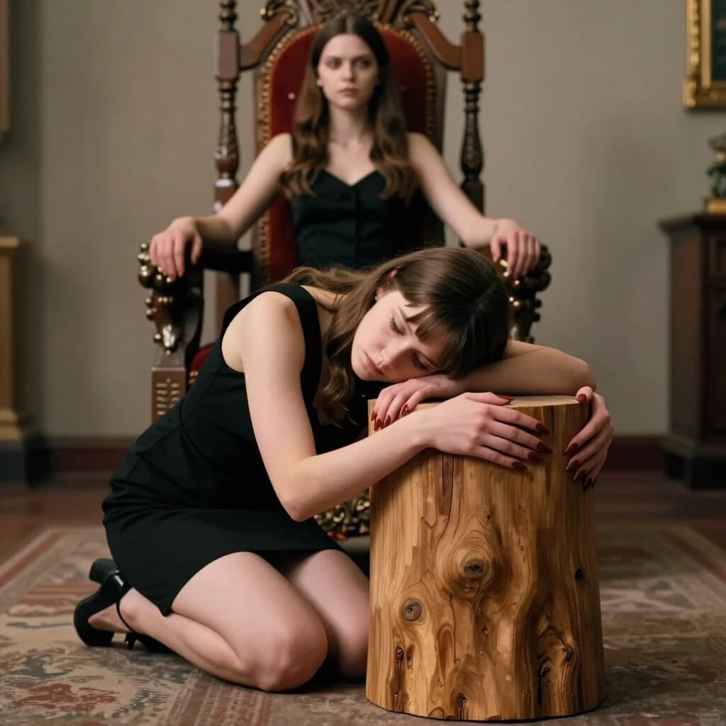 She is on her knees. To her right stands a wide wooden block in the shape of a sawn‑off stump. The girl has placed her head on this block and wrapped her arms around it from the sides. Her nails are brick‑colored and almond‑shaped. In the background: a throne with an authoritative girl in a short black dress. Photorealism, cinema.
