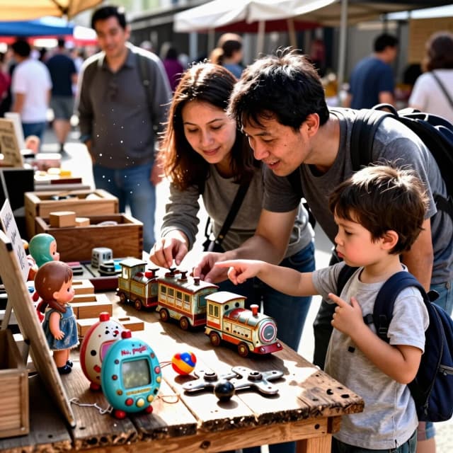 Realistic street‑photo style, 50mm lens, f/2.8, bright daylight with soft shadows and sharp sunbeams. A weathered wooden market stall at a bustling flea market is piled with nostalgic treasures: a row of tin toys (car, train, mechanical clown) with rust and patina; a small heap of wooden blocks and a worn plastic figure; a cloth doll propped against a crate. Among the items, clearly visible, are a Tamagotchi with a slightly cloudy screen, the handheld “Ну, погоди!” game with faded buttons, a classic yo‑yo with frayed string, and a few metal spinners with scratches and dulled shine — all the once‑trendy toys that were the height of cool in their time. A handwritten price sign and faded paper tags sit beside the goods.

In the foreground, the parents are completely absorbed in the finds. The dad holds the tin train, animatedly showing how the wheels still turn, his face lit up with boyish excitement. The mom leans in, smiling, pressing buttons on the Tamagotchi as if trying to resurrect its long‑gone pixel pet. Their body language radiates joy and nostalgia, as though they’ve stepped back into their own childhood. They’re dressed casually, in comfortable weekend clothes, slightly rumpled from the day’s walk.

Right beside them, their little child (about 4–5 years old) tugs at the mom’s sleeve with quiet insistence. The child’s face isn’t angry — just gently sad and bored: eyes a little downcast, lower lip slightly pouted, tiny fingers clutching the fabric. With the other hand, the child points toward the next stall, silently pleading to move on. The small backpack on their shoulders sways slightly with the impatient tug.

Sunlight cuts through gaps in the awning, creating sharp highlights on the metal toys and deep, rich shadows in the wood grain of the stall. Behind the family, the market continues: other stalls, blurred figures of shoppers, a hint of chatter and movement. A blurred vendor stands near the back of the stall, watching the scene with a soft, knowing smile — as if he’s seen this same story many times before.

Dust motes float in the sunbeams, emphasizing the texture of everything: peeling paint on the tin toys, fine rust patterns, frayed fabric of the doll, worn plastic with tiny scratches, rough wood grain. The composition feels candid, like a fleeting, real moment captured in the middle of a sunny afternoon.

Mood: bittersweet warmth — the parents’ vivid nostalgia contrasted with the child’s quiet impatience, a gentle clash of different worlds and memories.

Keywords: flea market stall, vintage toys display, family moment, nostalgic parents, bored child, Tamagotchi, “Ну, погоди!” game, yo‑yo, spinners, realistic textures, daylight contrasts, authentic atmosphere, tactile details, candid emotion, sense of generational difference.