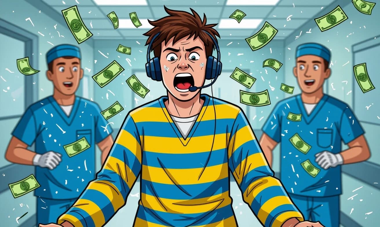A deranged teenager in a yellow and blue straitjacket screams into an audio headset as he is led by psychiatric hospital orderlies, dollars flying in the air, cartoon