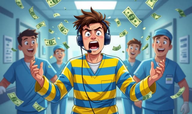 A deranged teenager in a yellow and blue straitjacket screams into an audio headset as he is led by psychiatric hospital orderlies, dollars flying in the air, cartoon