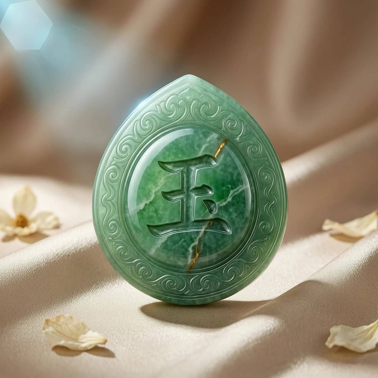 Generate a realistic 3D video logo. The central element is the Chinese character 玉 (yù), carved into a translucent jade stone. The stone is shaped like a traditional Chinese pendant with intricate patterns. Light passes through the jade, creating soft glow and shadows. Background: blurred, with hints of silk fabric (beige or light brown). Ultra‑detailed, photorealistic, 8K, cinematic lighting.