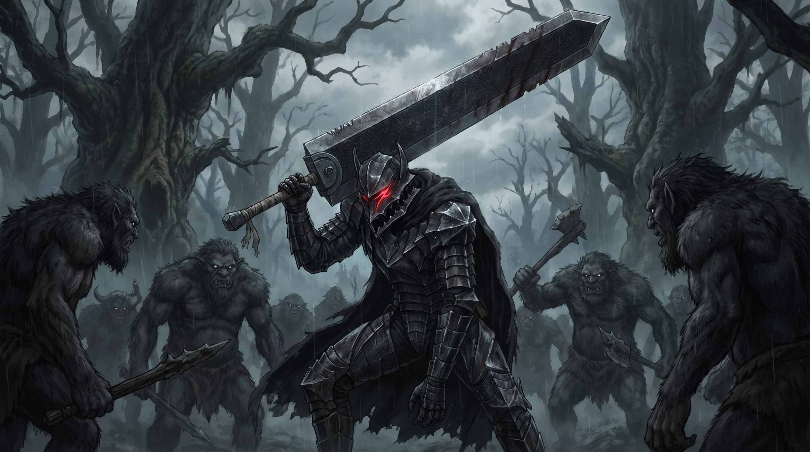 Berserk (франшиза), Гатс в чёрных доспехах и с гигантским мечом, боевая стойка, злой взгляд, против орды лохматых троллей, на фоне темного леса, стиль аниме с реалистичными деталями