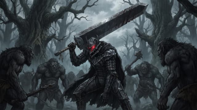 Berserk (франшиза), Гатс в чёрных доспехах и с гигантским мечом, боевая стойка, злой взгляд, против орды лохматых троллей, на фоне темного леса, стиль аниме с реалистичными деталями