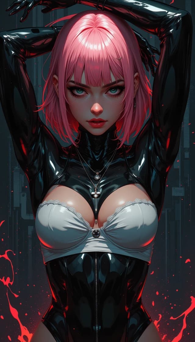masterpiece, best quality, very aesthetic, absurdres, (masterpiece), best quality, expressive eyes, perfect face, high resolution 

very awa, masterpiece \(quality\), masterworks, best quality, amazing quality, very aesthetic, absurdres, (dramatic lighting, extremely detailed:1.3), detailed eyes), 

((solo, female, mature,), medium breasts), shiny body,detailed iris patterns, eyelashes, and natural catchlights.,perfectly round pupils, (detailed eyes:1)

Stretching, arms up, white cute underwear, red glossing lips, sakura haruno, mature female, pink hair, green eyes, short hair with curtain bangs, mouth closed, black eyeliner