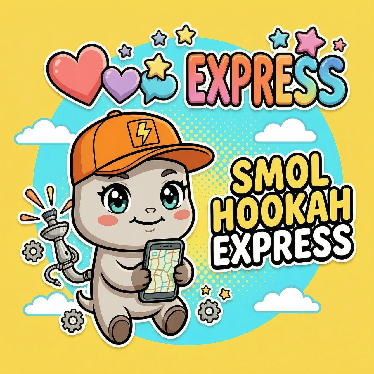 *"Детальный логотип-персонаж для 'Smol Hookah Express' в стиле современной плоской иллюстрации с жирными контурами (толщина линии 4pt). Главный герой — антропоморфный маленький кальян ('Smol') с большими выразительными глазами аниме-стиля, слегка румяными щёчками и кокетливой улыбкой. На кальяне надета бейсболка курьера ярко-оранжевого цвета с козырьком набок и нашивкой с логотипом в виде молнии. Из чаши вместо дыма вырываются цветные облачка в форме сердечек и звёзд, которые складываются в слово 'EXPRESS'. Рядом с кальяном — летящие искры и небольшие шестерёнки, показывающие, что он постоянно в движении. В лапах (или условных руках) персонаж держит смартфон с картой маршрута и пульт управления дымом. Фон — ярко-жёлтый (#FFD700) или нежно-бирюзовый (#00F5FF) с белыми облачками и точечным паттерном в стиле поп-арт. Текст 'SMOL HOOKAH EXPRESS' написан крупным, слегка наклонным шрифтом в стиле комиксов (округлый, с засечками-каплями) и расположен справа от персонажа. Надпись обведена двойным контуром (чёрный + белый) для лучшей читаемости. Стиль — милый, дружелюбный, скетчевый, с эффектом лёгкой мультяшной тени. Идеально для аватарок, Telegram-стикеров и мерча."