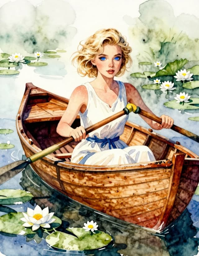 A masterpiece. Style: Watercolor painting.(Image. A beautiful girl, a glamorous blonde with expressive blue eyes and clear facial features, is rowing a wooden boat among white lotus‑water buttercups on the surface of the water.):1.8. Intense close‑up. High quality. High resolution. Increased attention to small details. Artist: Sergey Andriyaka.