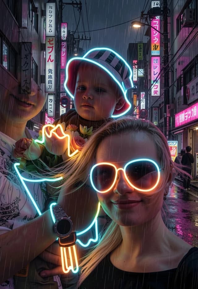 A commercial mixed-media vaporwave artwork, combine photo print and real LED neon signs. Detailed photo of the beautiful girl from the source image holding a bouquet of flowers. Minimalist neon design with very few, thick, chunky LED neon tubes. Only 3 or 4 major smooth neon lines highlighting just the main outer shape of the bouquet, with wide clear space and big distance between the lines. No small glowing details, no messy lines. Dark atmospheric rainy Tokyo street, clean bold neon strokes perfect for acrylic CNC routing, 8k resolution.