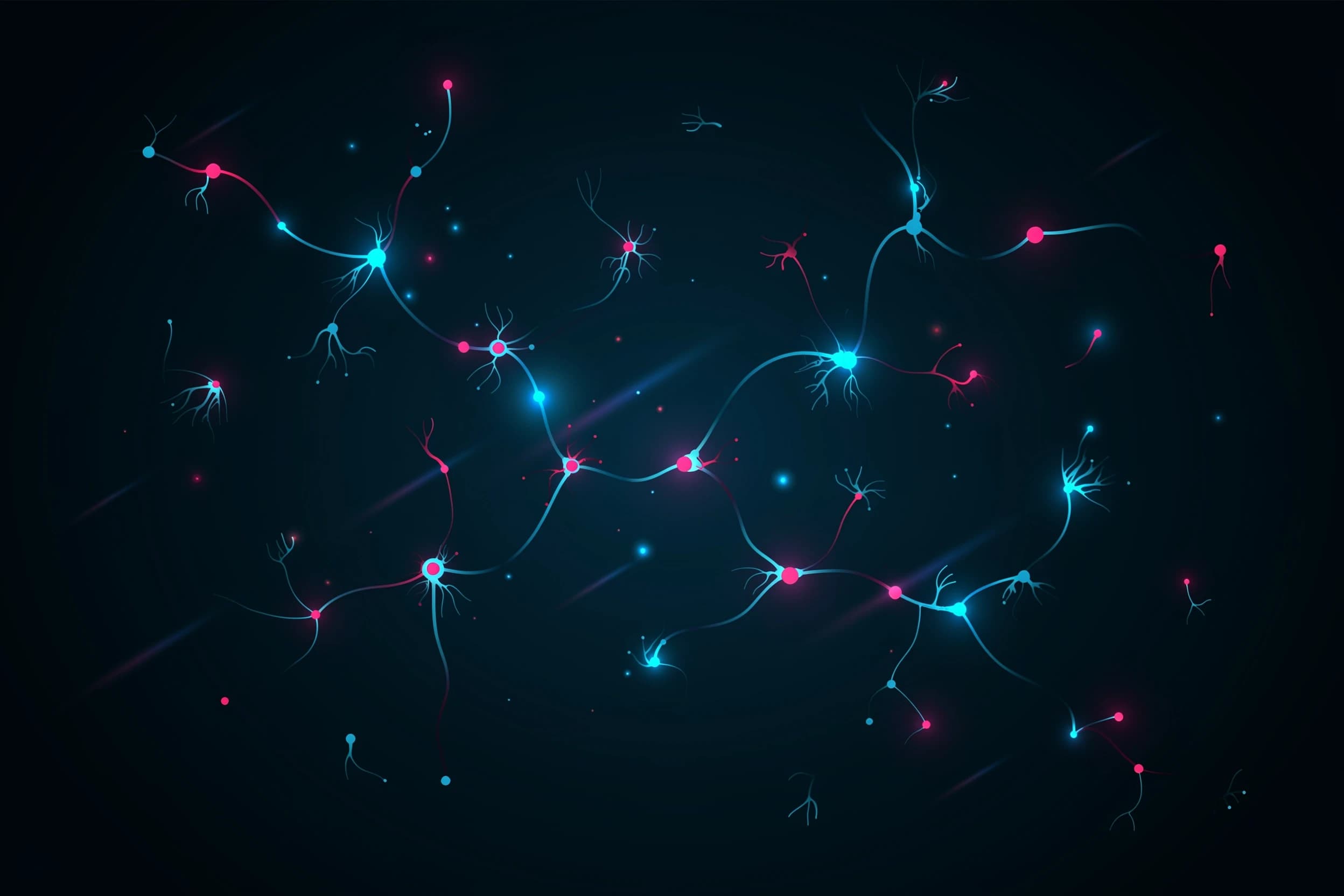 Seamless tileable repeating pattern of intricate glowing cyan and magenta neural networks with interconnected nodes, synaptic connections, floating luminous data particles and subtle light streaks, elegant deep navy to black gradient, futuristic high-tech aesthetic, premium commercial stock texture, highly detailed, cinematic volumetric lighting, 8k resolution, no hard borders, no frame, no focal subject,