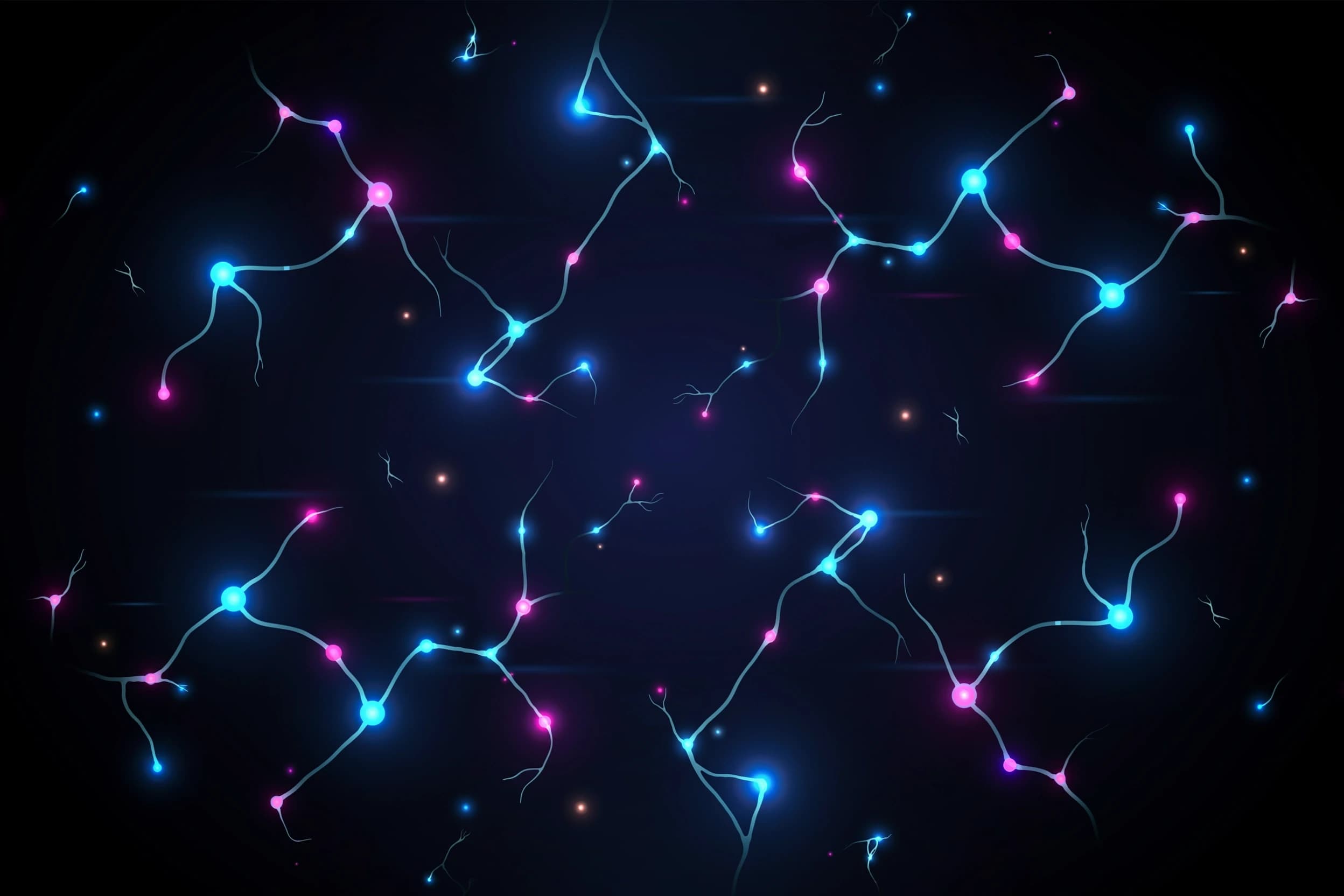 Seamless tileable repeating pattern of intricate glowing cyan and magenta neural networks with interconnected nodes, synaptic connections, floating luminous data particles and subtle light streaks, elegant deep navy to black gradient, futuristic high-tech aesthetic, premium commercial stock texture, highly detailed, cinematic volumetric lighting, 8k resolution, no hard borders, no frame, no focal subject,