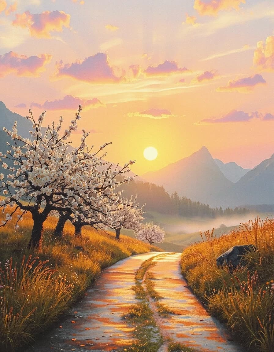 A painting in soft pastel tones. A golden path winds through a misty valley toward majestic mountains. The rising sun emerges from the horizon, painting the sky in vibrant shades of pink, orange, and gold. Ancient, blossoming apple trees line the path; their flowers awaken in the first rays of dawn, and their petals radiate an ethereal glow. Dew-kissed grass sparkles as sunlight plays across the landscape. Wispy clouds catch the morning light, transforming into floating, colorful islands. In the distance, mountain summits emerge from the shadows, their crystalline peaks glittering in the radiance of the new day. The world awakens to life, and luminous flowers bloom along the road; their soft light harmonizes with the intensifying glow of the blossoms.