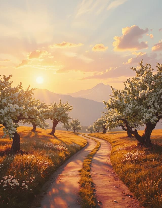 A painting in soft pastel tones. A golden path winds through a misty valley toward majestic mountains. The rising sun emerges from the horizon, painting the sky in vibrant shades of pink, orange, and gold. Ancient, blossoming apple trees line the path; their flowers awaken in the first rays of dawn, and their petals radiate an ethereal glow. Dew-kissed grass sparkles as sunlight plays across the landscape. Wispy clouds catch the morning light, transforming into floating, colorful islands. In the distance, mountain summits emerge from the shadows, their crystalline peaks glittering in the radiance of the new day. The world awakens to life, and luminous flowers bloom along the road; their soft light harmonizes with the intensifying glow of the blossoms.