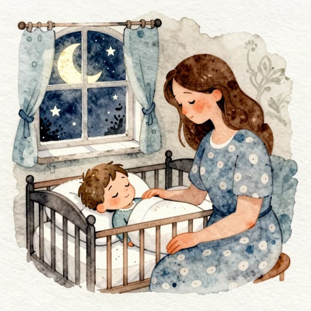 Уютная и сказочная иллюстрация в стиле классической книжной акварельной графики с мягкими текстурами бумаги и деликатными штрихами туши. Маленький мальчик спит в кроватке. Рядом сидим его мама и нежно на него смотрит. За окошком луна и звезды.