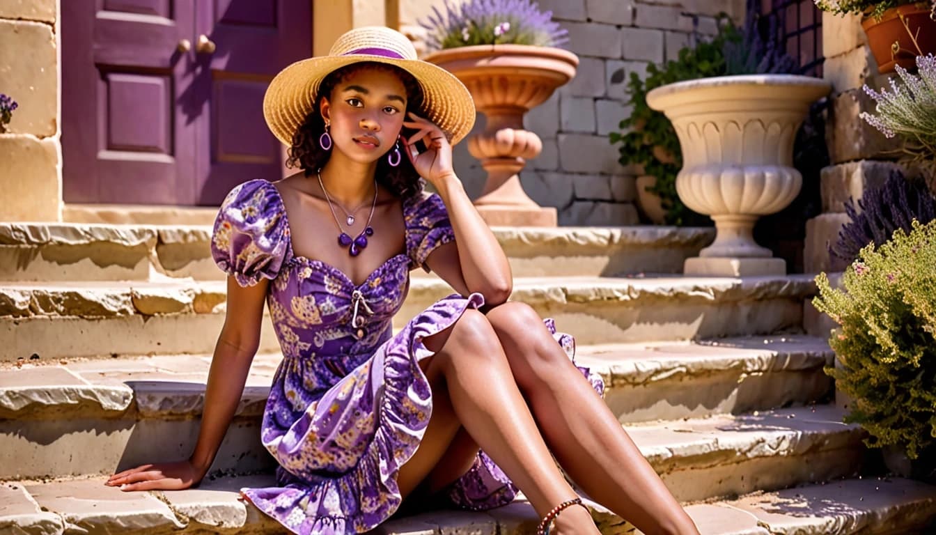 Portrait of a stylish young woman seated on sunlit stone steps in a Mediterranean courtyard, wearing a vintage-inspired purple floral sundress with puff sleeves, sweetheart neckline, ruched bodice with small buttons, and a ruffled skirt; matching lavender wide-brim straw hat tilted slightly, teardrop amethyst pendant and layered delicate necklaces, drop earrings, bracelets and rings, holding a quilted cream leather handbag with gold chain on her lap; warm golden-hour natural light, soft rim lighting on hair and shoulders, subtle sunlit highlights, gentle smile and relaxed elegant pose with one hand adjusting the hat and legs crossed; background features a weathered wooden door, terracotta planter with blooming bougainvillea, cobblestone path, shallow depth of field with soft bokeh, vibrant but natural color grading, high detail, film-like texture, 85mm portrait feel, editorial fashion photography aesthetic, emphasis on fabric texture, jewelry sparkle, and warm inviting mood.