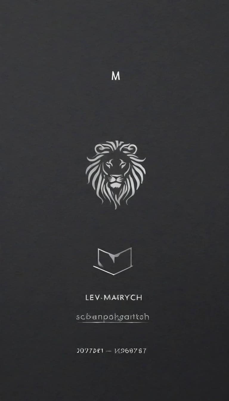 > Minimalist business card design, horizontal format. At the top center — a clean logo: a stylized monogram letter "M" combined with a lion silhouette, dark charcoal grey color, sleek and modern. Below the logo, the name "Lev Maratovich" in an elegant sans-serif font, medium size, dark grey. Below the name — phone number "+7 932 122 7200" in a slightly smaller sans-serif font. Below the phone number — email "mebellionn@mail.ru" in lowercase, smaller font size, muted grey. Directly beneath the contact info — a single horizontal row of social media icons: TikTok, YouTube, Telegram, WhatsApp — only the recognizable icons, no text labels, equal size, evenly spaced, subtle muted colors. Background — warm cream beige, clean and airy with generous margins. No extra lines, no shadows, no decorative borders. Overall style — calm, modern, premium, flat design, high contrast between text and background.