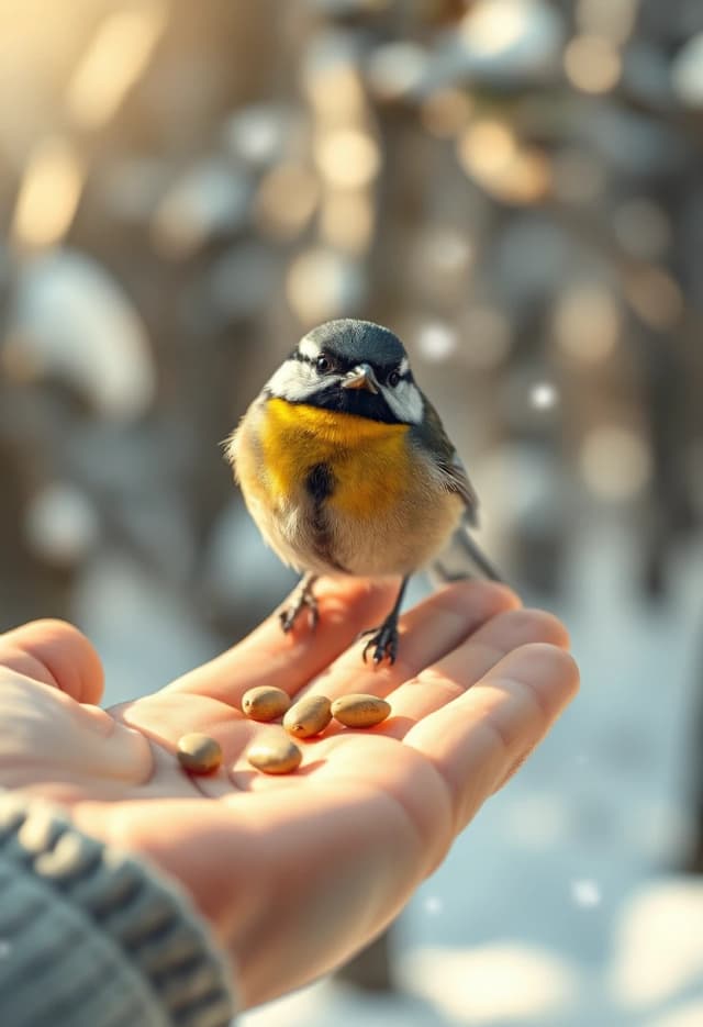 Extreme macro photograph of a tiny great tit perched on a human palm. The bird looks directly toward the camera, showing its vivid yellow breast, black head and delicate bluish-gray wings in exquisite detail. Several sunflower seeds rest on the palm. A snowy winter forest is softly blurred in the background with beautiful creamy bokeh. Every tiny feather is visible, snowflakes gently fall around the bird, while warm winter sunlight creates a soft magical glow. Touching moment of trust between a human and a tiny wild bird. Photorealistic, extreme detail, shallow depth of field, vertical format.