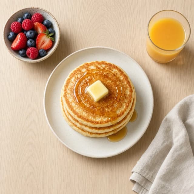 A short stack of golden buttermilk pancakes with melting butter and a thin drizzle of maple syrup on a pale oak table with a bowl of fresh berries, a glass of orange juice and a folded linen napkin, overhead flat-lay, clean and balanced, bright soft natural window light from the left, shallow depth of field, crisp detail, editorial food photography, fresh airy colour grade.