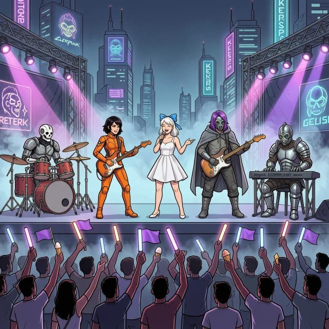 Draw colorful illustration, style of drawing and colors being balance between animated series "Cyberpunk 2077: Edgerunner" or computer game "Kenshi". Content of drawing: night of neon city, light fog and glare. The main angle is outdoors neon rok-concert stage, in front of it is square full of silhouettes of people of different ages, in their hands raised to sky they hold neon light sticks, ice cream and small purple flags. Following rok-artists (They look absolutely identical in spirit of computer game "Kenshi") perform at concert neon from left to right: 1) First – Skeleton-Robot (He look absolutely identical in spirit of computer game "Kenshi") in heavy punk armor, sitting and playing drum kit; 2) Second – Shek-woman (She look absolutely identical in spirit of computer game "Kenshi") in an orange cyberpunk suit, she is holding small electric guitar in her hands and playing; 3) Third – shapely-girl with white hair (blue ribbon in her hair), in white dress, sings into microphone and looks at audience with smile; 4) Fourth - man in gray ash cloak with sturdy pants and boots, his hair is long and purple, his face is hidden by futuristic gas mask, he plays steampunk electric guitar; 5) Fifth – one is behiveless from Western Hive (absolutely identical to this race from computer game "Kenshi"), fully dressed in samurai metal mask and samurai armor, boots, he sits and plays music synthesizer. Atmosphere of rock concert, joy and jubilation, as after great victory in name of life and freedom. Image size 5000:5000.