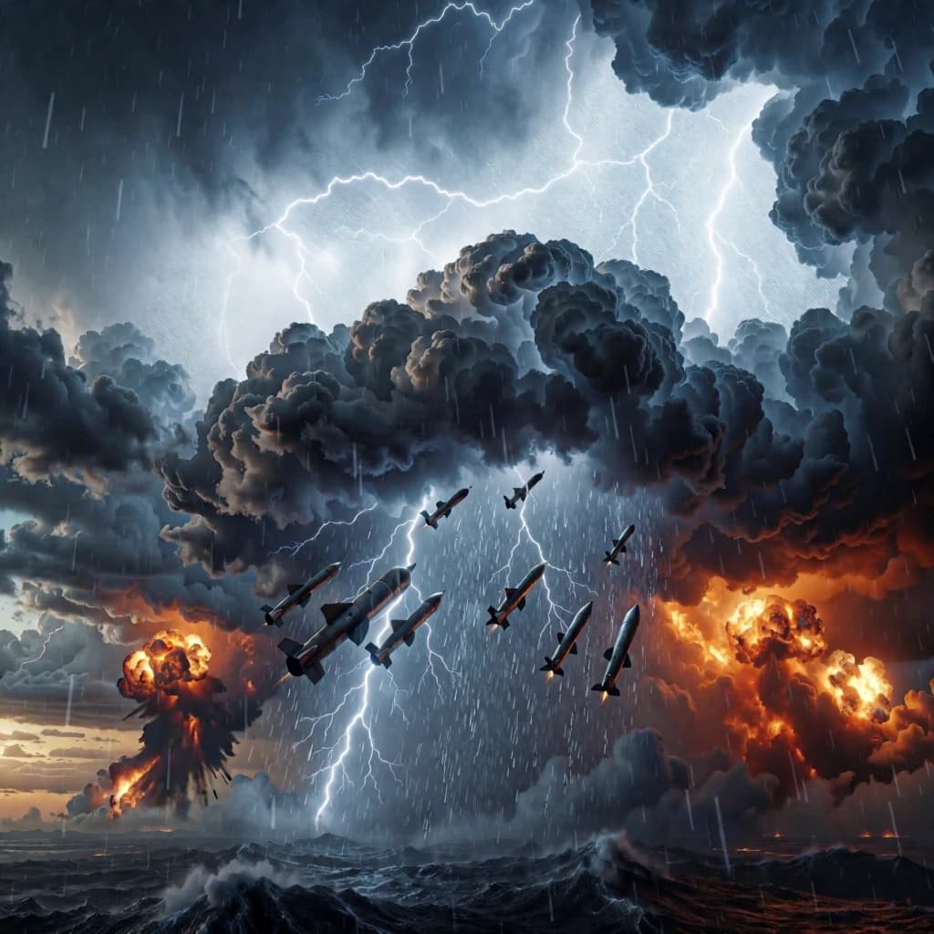 Majestic cinematic hyper-realistic digital art depicting a chaotic under a colossal thunderstorm. Mid-shot focus In the center, a massive, menacing thundercloud with dark, bruised textures and internal flashes of lightning. A torrential downpour from this cloud of freezing rain is violently mixed with a deadly barrage of falling bullets, military rockets, torpedoes, and heavy ballistic missiles, creating a sense of diagonal vertical kinetic motion. On the distant horizon, the sky is torn apart by fiery orange explosions and the viscous, glowing texture of spreading napalm, casting an eerie, hellish light against the cold, dark clouds. Volumetric lighting, high contrast between the cold blue storm and the warm inferno, intricate details of metallic projectiles and fluid motion, epic scale, dark atmospheric mood, rendered in Octane, 8k resolution.