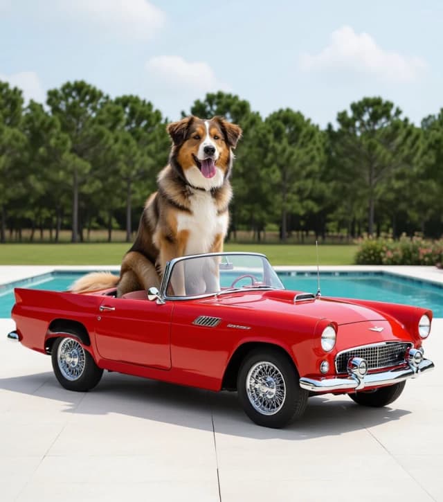 A professional photo against a pristine white background. A big dog sits behind the wheel of a very small red convertible.