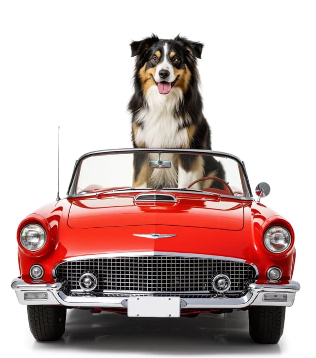 A professional photo against a pristine white background. A big dog sits behind the wheel of a very small red convertible.