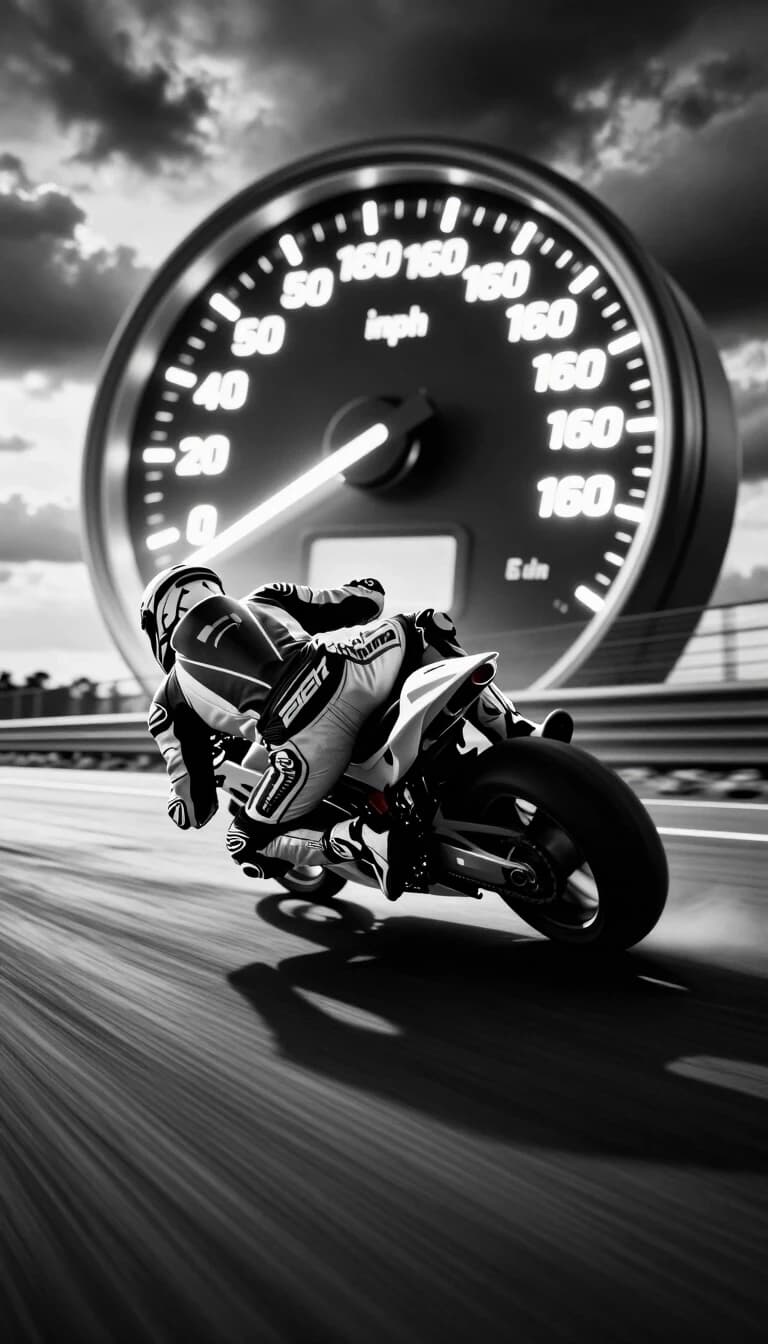 A dynamic, black and white, low-angle shot of a motorcycle racer in full gear, leaning into a turn on a blurred racetrack. A glowing speedometer with the needle pointing to 160 mph is superimposed in the background, dominating the upper frame. The sky above is dramatic and cloudy, adding to the intensity of the scene. The road surface is highly blurred, emphasizing the extreme speed. The overall aesthetic is high-octane and action-packed, with a cinematic feel. Style: Photorealistic, high contrast, motion blur, dramatic lighting, gritty. Composition: Low angle, dutch tilt, leading lines from the road. Lighting: Dramatic, with the speedometer emitting a strong glow
