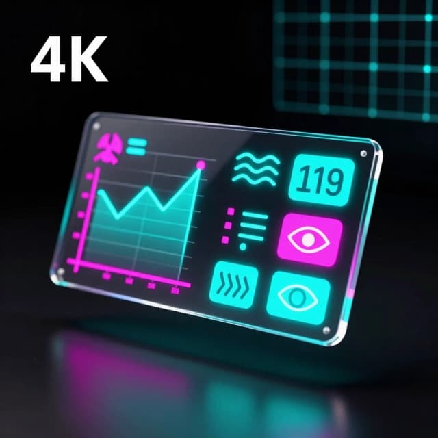 Close-up of a futuristic transparent glass dashboard floating in a dark room. The screen displays neon data visualizations: glowing line charts and large numeric readouts. Next to each data point, there are clean pictographic icons: a fan (ventilation), wavy lines (heating), light rays (lighting), and an eye (security). The color scheme is vibrant cyan, magenta, and turquoise against a black background. Glowing grid lines in the background. Style: cyberpunk UI, sci-fi minimalism, high contrast, 4k, advertising banner with space for text overlay. --ar 16:9