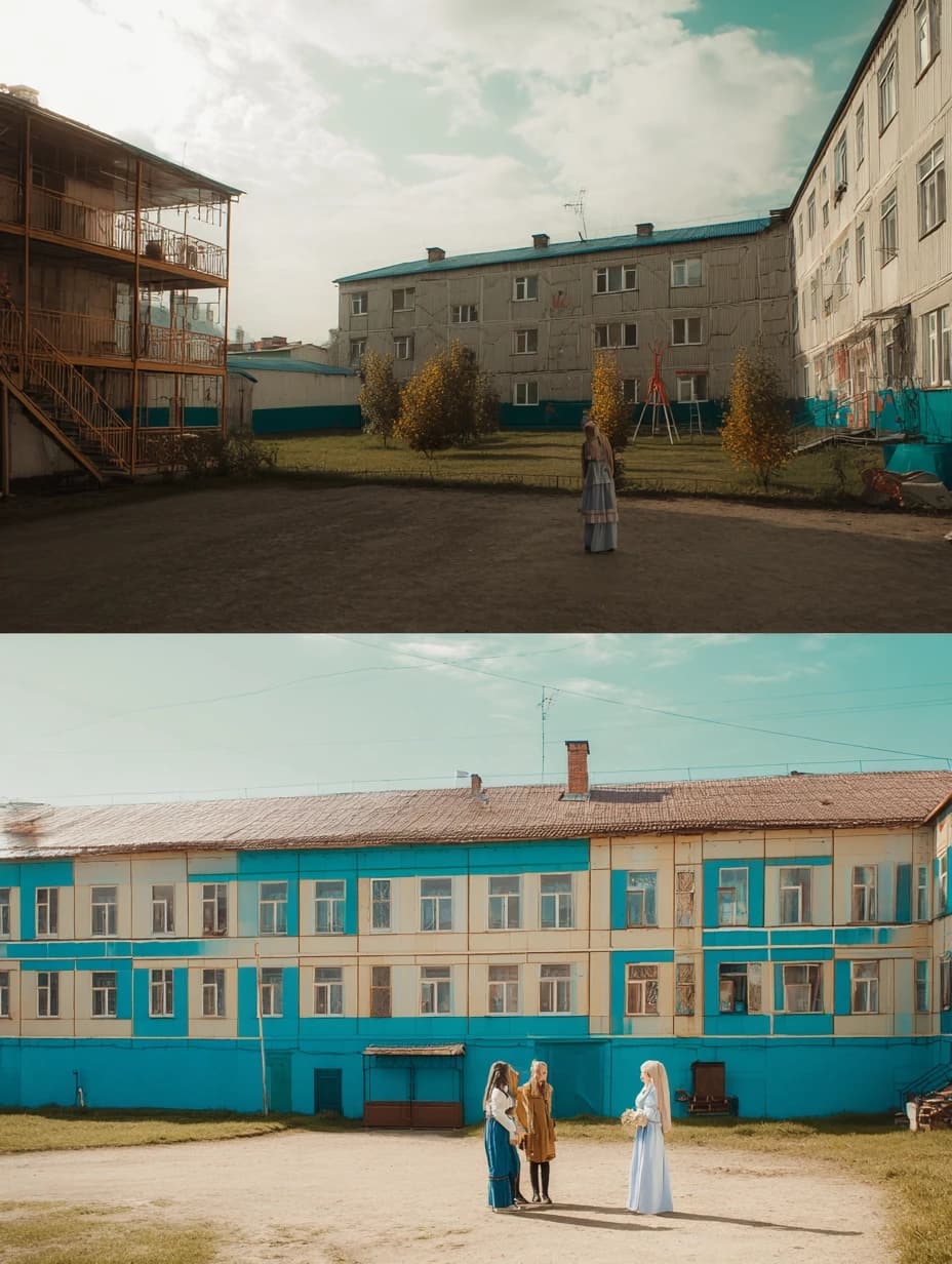 photos of the post-Soviet aesthetics of Russian villages' courtyards and people with their everyday life in the styles of McBling, Waporwave, Wes Anderson chic, Andersonesque Popart --ar 3:4 --v 7.0 --s 200