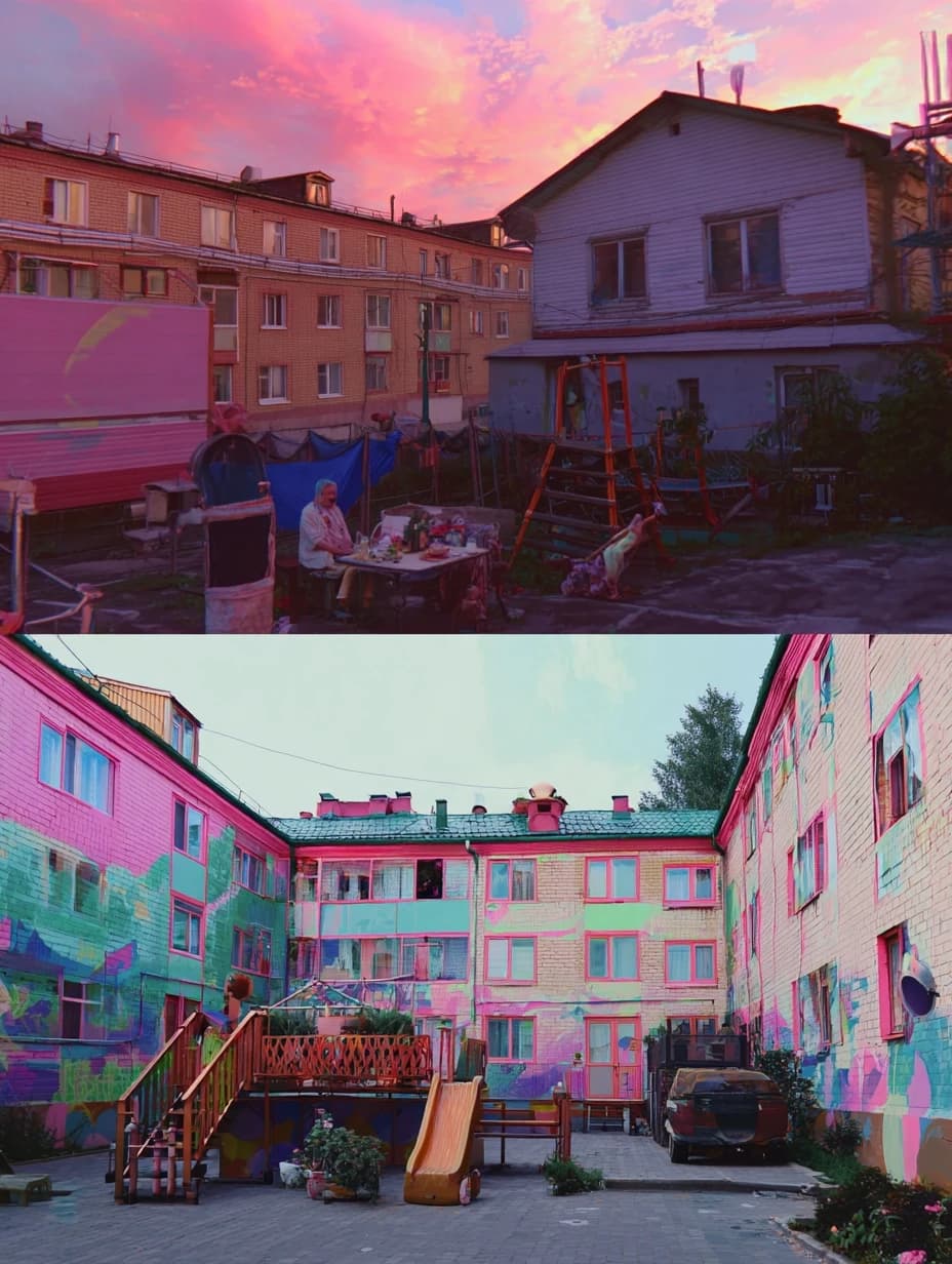 photos of the post-Soviet aesthetics of Russian villages' courtyards and people with their everyday life in the styles of McBling, Waporwave, Wes Anderson chic, Andersonesque Popart --ar 3:4 --v 7.0 --s 200