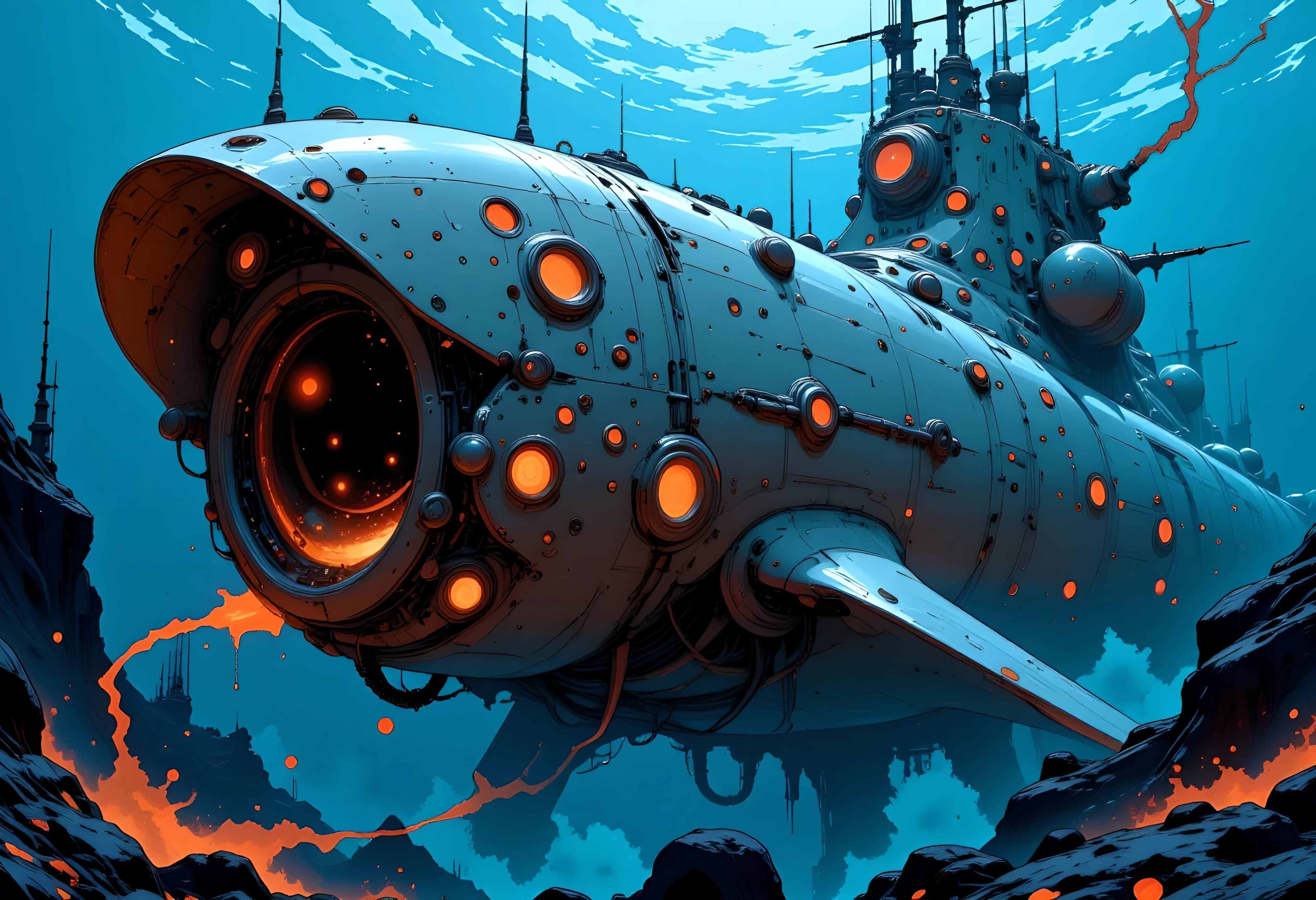 Futuristic underwater combat submarine in the oceanic depts
