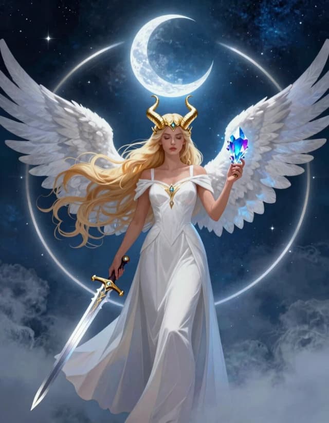 Digital Art, Fantasy Book Cover, Mystical Atmosphere, High Detail, 8k

Сюжет: Женщина с длинными светлыми волосами и золотым рогатым головным убором (типа короны или диадемы) стоит в центре композиции. Она одета в длинное белое платье с открытыми плечами и пышной юбкой.
Элементы: В каждой руке она держит по волшебному предмету: в правой — красивый меч, в левой — кристалл с переливами синего и фиолетового цветов. Волосы женщины плавно развеваются, создавая ощущение движения. За спиной раскинуты белоснежные крылья.
Фон: Темно-синий космический фон с туманными облаками и звездами. Над головой героини парит огромный полумесяц, из которого исходит мягкий голубой свет. Лучи света от месяца образуют круг вокруг фигуры девушки.
Стиль: Иллюстративная графика с плавными линиями и яркими контрастами между светом и тьмой. Эффект иллюстрации к фэнтези-роману о магии и ангелах.