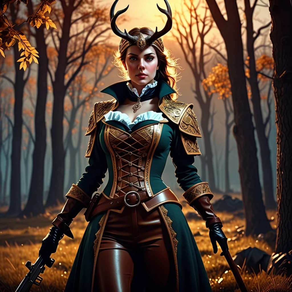 Aristocratic Irresistible Female Hunter, Panorama, Gloomcore, pov, fine artistic composition, magical atmosphere, cinematic perfect intricate stunning fine detail, background inspired, ambient illumination, sublime, great composition, theatrical, illustrious quality