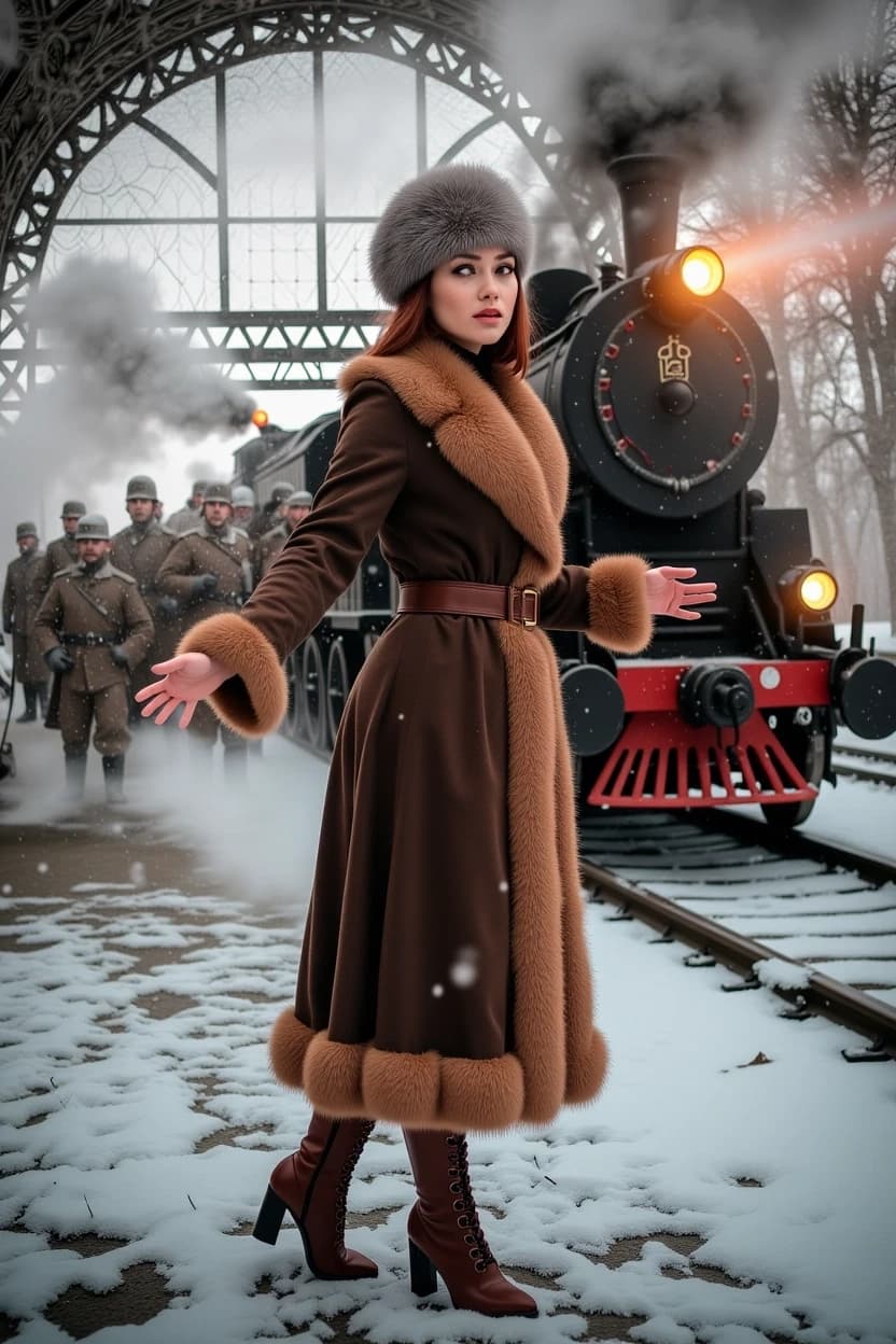 Winter of 1916, it's winter outside, it's snowing lightly, the railway station, the station platform is covered with snow, soldiers with rifles are depicted in high detail in the background on the station platform. A steam locomotive is shrouded in steam and smoke on the tracks, and a searchlight beam is visible through the steam and smoke. The tall, statuesque princess, a 20-year-old girl, is depicted half-turned to the camera in a long fitted coat trimmed with squirrel fur and a round fur cap coquettishly tilted slightly to one side. On her feet are high lace-up boots in the fashion of the 19th century. Her cheeks are flushed with excitement, and her blue eyes look anxious. His arms are outstretched, his open gaze is directed forward. In the foreground is a young soldier bodyguard with revolvers in his hands. His sturdy, athletic figure is tense before battle, his gaze is stern and domineering, he looks out for a possible enemy through the shiny bayonets aimed at him. The whole picture is drawn very clearly, Excellent 32K quality.
