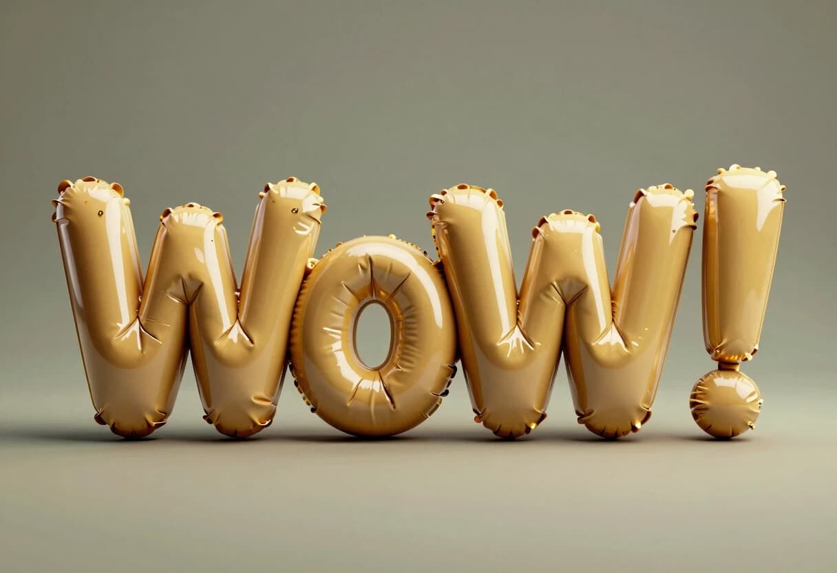 Ultra-inflated glossy latex typography spelling “WoW!”, each letter constructed from oversized pneumatic balloon forms, tightly compressed together with visible tension wrinkles, pressure folds, stretched seams, and soft air-filled deformation.

Golden, sequined and glitter‑covered, shiny rubber material with intense specular highlights and realistic reflective shine.
Letters appear squashed and inflated simultaneously, creating an organic soft-body typography effect.grey green khaki gradient studio background.

Minimalist experimental poster design. Macro studio lighting with strong reflections and deep shadows. Cinematic glossy texture, subtle surface imperfections, photorealistic soft-body simulation, inflated vinyl aesthetic, modern Blender 3D typography render, ultra-clean composition, centered framing, premium graphic design aesthetic, tactile rubber realism, high-detail compression artifacts, smooth rounded edges, abstract inflatable type sculpture. The digits occupy 75% of the entire image area.