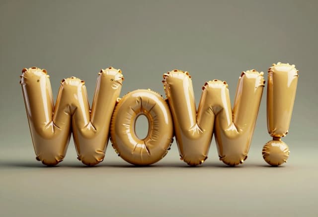 Ultra-inflated glossy latex typography spelling “WoW!”, each letter constructed from oversized pneumatic balloon forms, tightly compressed together with visible tension wrinkles, pressure folds, stretched seams, and soft air-filled deformation.

Golden, sequined and glitter‑covered, shiny rubber material with intense specular highlights and realistic reflective shine.
Letters appear squashed and inflated simultaneously, creating an organic soft-body typography effect.grey green khaki gradient studio background.

Minimalist experimental poster design. Macro studio lighting with strong reflections and deep shadows. Cinematic glossy texture, subtle surface imperfections, photorealistic soft-body simulation, inflated vinyl aesthetic, modern Blender 3D typography render, ultra-clean composition, centered framing, premium graphic design aesthetic, tactile rubber realism, high-detail compression artifacts, smooth rounded edges, abstract inflatable type sculpture. The digits occupy 75% of the entire image area.