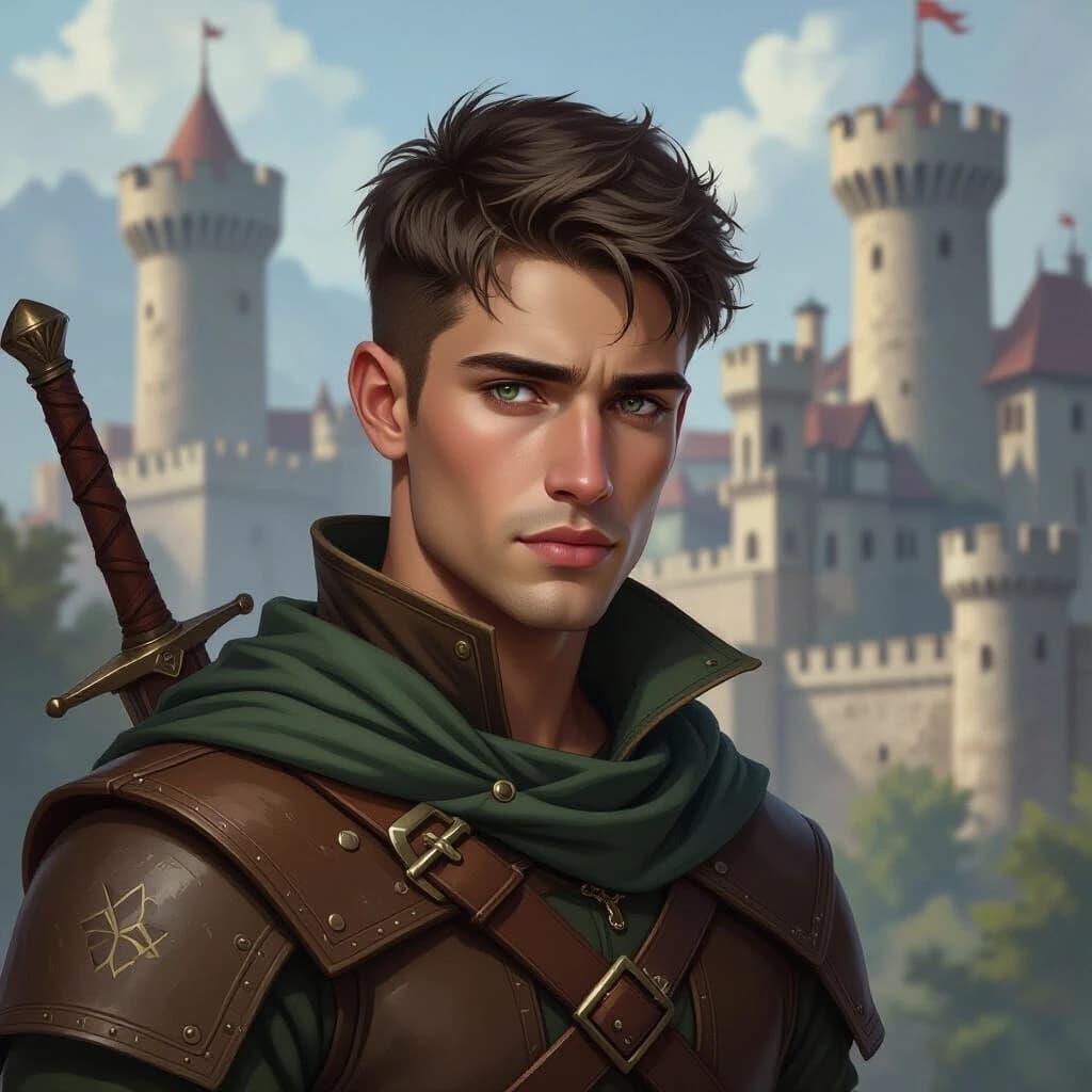 Fantasy illustration: a handsome young man with short hair and sad eyes, dressed as a mercenary, set against the backdrop of a medieval fortress.