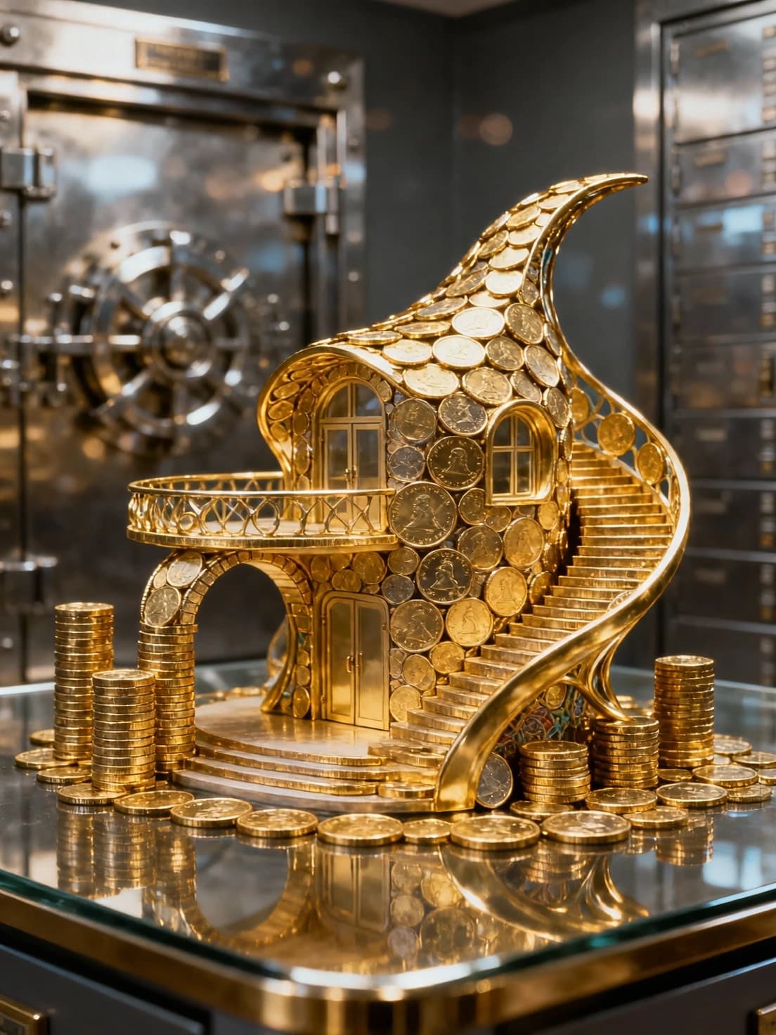 Amazing masterpiece. A mansion made of coins. Gold coins, standing on their edges and lying in stacks, are arranged in futuristic patterns, forming arches, a staircase, a balcony, doors, windows, and a high roof of an unusual mansion. Elegance. Graceful curves inspired by the buildings of Oscar Niemeyer, Antoni Gaudí, and Mies van der Rohe. It stands on a table. Bokeh background - view of a bank vault door. Dynamic and expressive. Stylization. High quality.