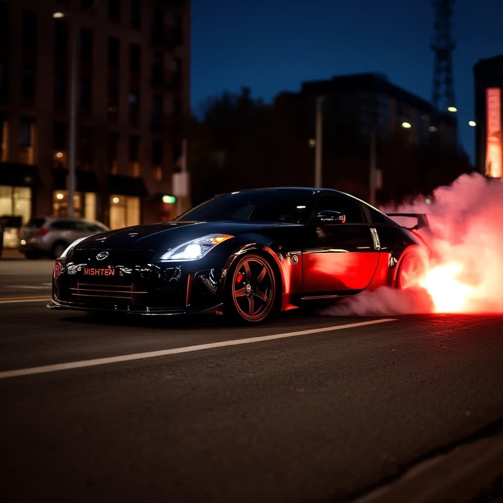Nissan 350z делает бернаут на главной улице в ночном городе, тормоза раскалились, из колес идет дым
