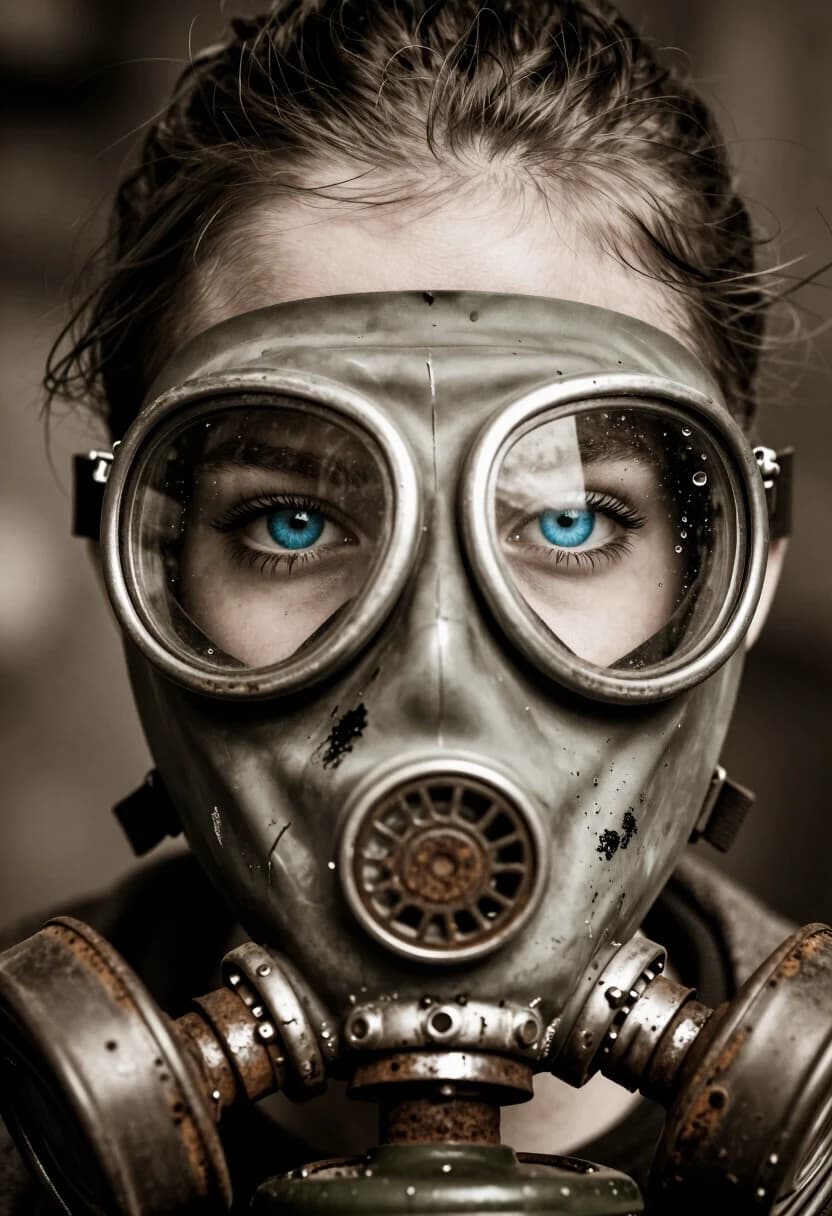 Grainy Sepia, Extreme portrait, Full-screen eyes, face popping out of the frame of the screen. close-up of a fragile, beautiful 15-year-old young woman in a battered vintage industrial, rusty and cracked gas mask of large size. The contrast is striking: the mask is a ruin of scratched rubber, rusty metal filters, and thick patches of black grease and soot, while her skin is flawless, pale, and radiant. Her slightly slanted eyes are expertly outlined with mascara, her eyebrows are finely defined and well-groomed, and her eyes are a vibrant blue. Through the glass lenses, you can see her large expressive eyes reflecting the dim, smoky factory environment, in which vulnerability and strength are felt. Tiny droplets of condensation on the glass. Soft, volumetric lighting with dust particles dancing in a single beam of light illuminates her clear complexion. The detailed pores of her skin, a few stray strands of hair stuck to her damp forehead. 8k resolution, cinematic photorealism, rough industrial aesthetics combined with feminine grace, the picture was taken with an 85mm lens, clear focus on the eyes, moody and atmospheric.